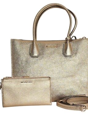 Michael Kors Gold Leather Tote Bag Set w/ Wristlet & Strap Metallic Pebbled
